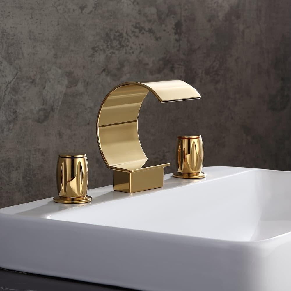 Mooni Modern Waterfall Widespread 2-Handle Bathroom Sink Faucet in Gold Solid Brass