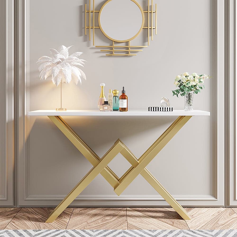 White & Gold Narrow Console Table Accent Table For Entryway X Base & Metal in Small