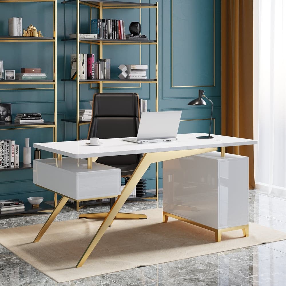 Hungled Modern 55" Rectangular White Executive Desk with Storage Cabinet