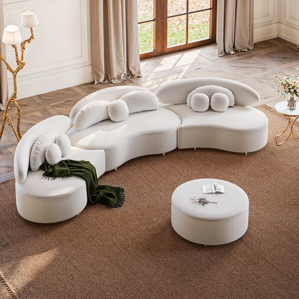 146" 4-Piece Curved Velvet Sectional Sofa with Ottoman & Pillows