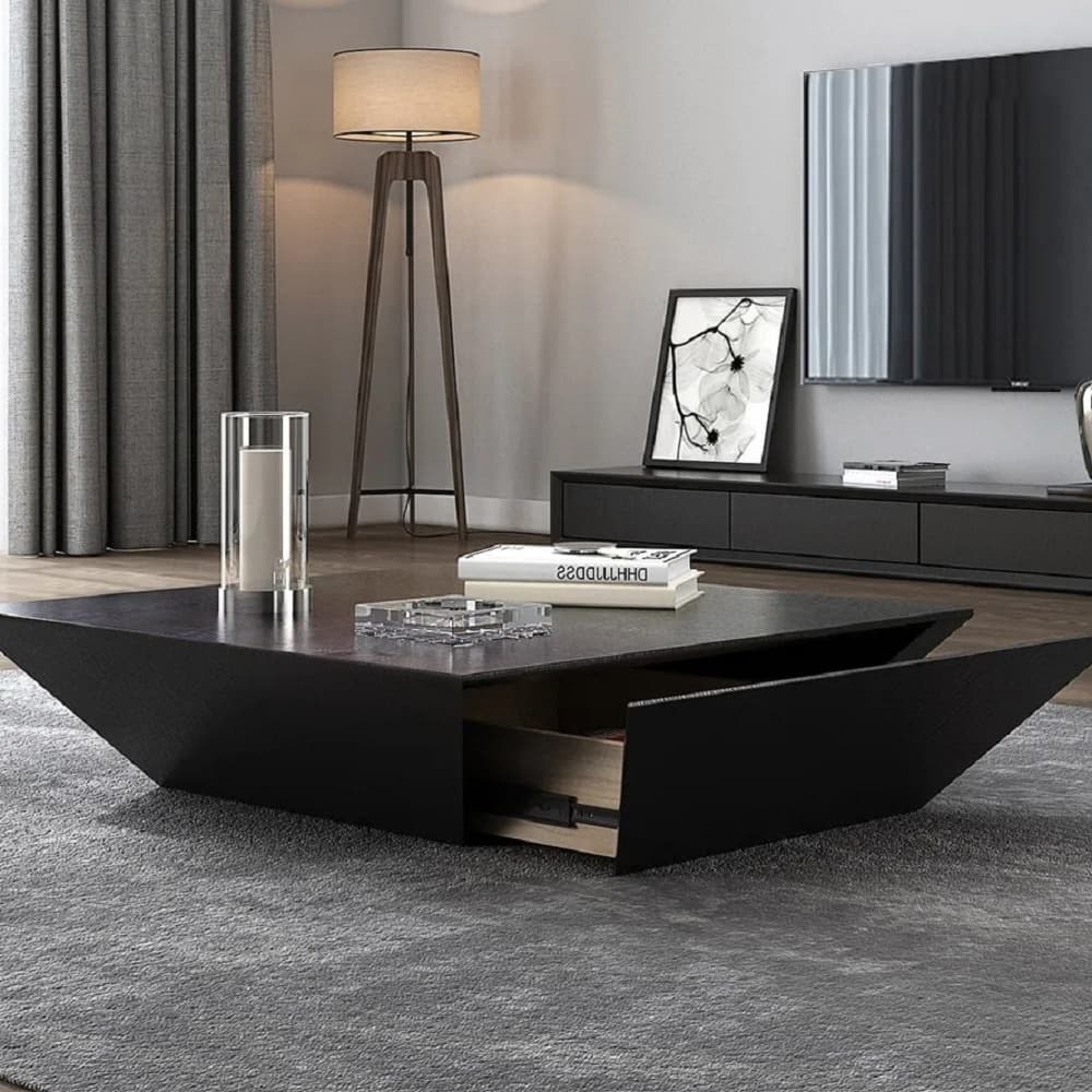 Modern 39" Square Black Wood Coffee Table with Drawer