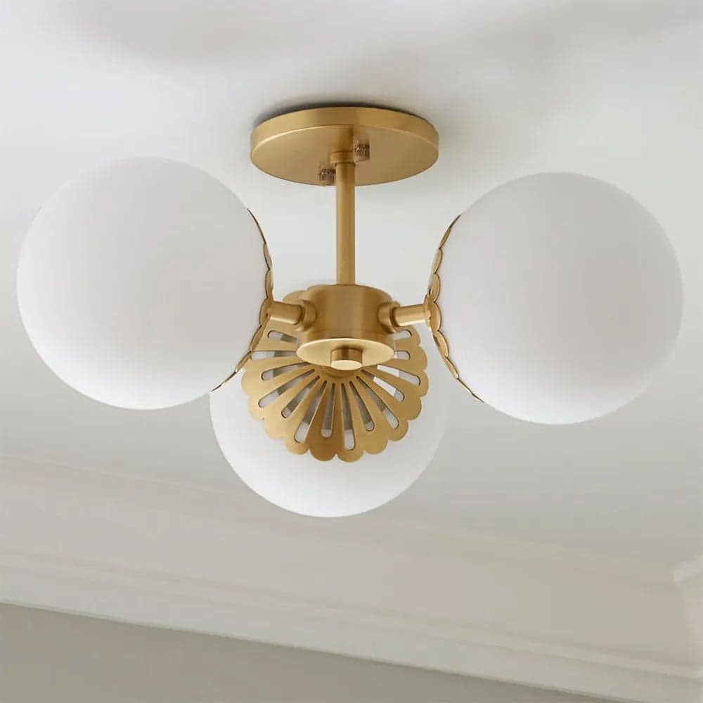 Worldgle Modern Gold 3-Light Semi Flush Mount Light with White Round Glass Globe Shade