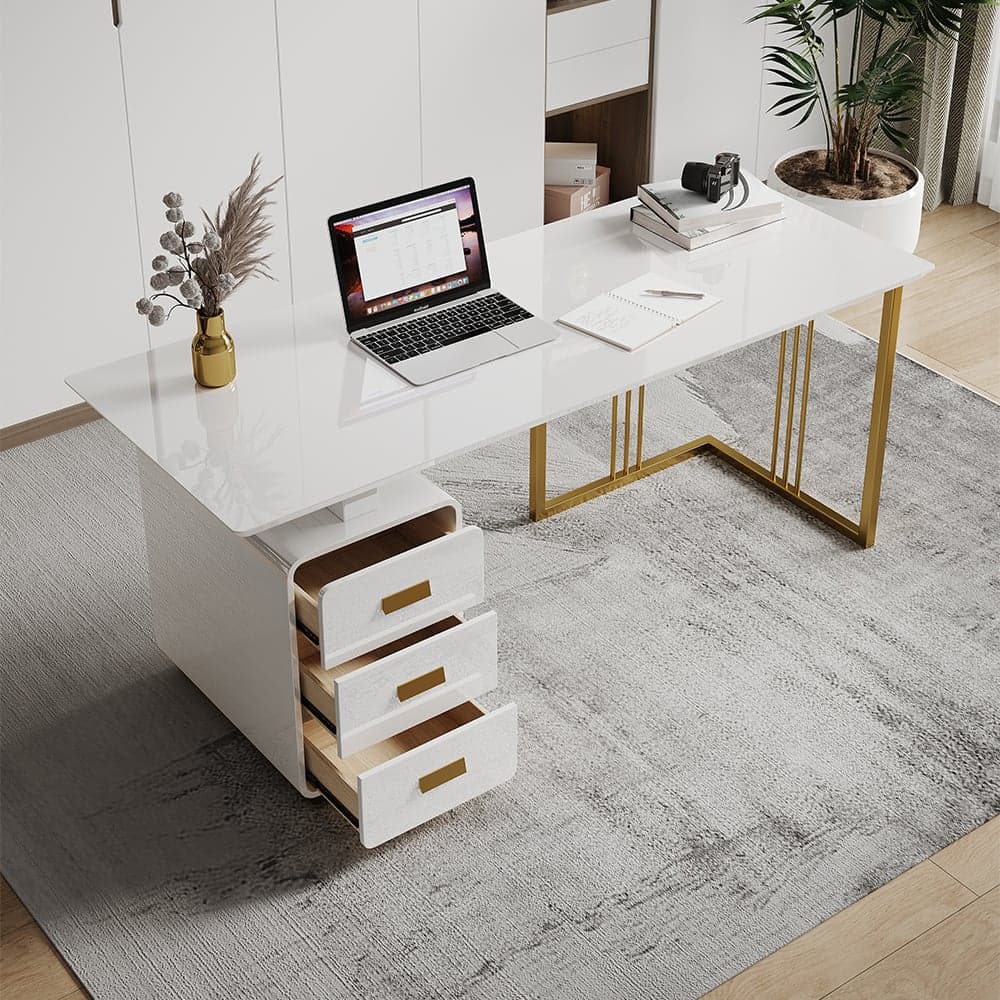 55" Modern White Office Desk with Drawers File Cabinet in Gold Base