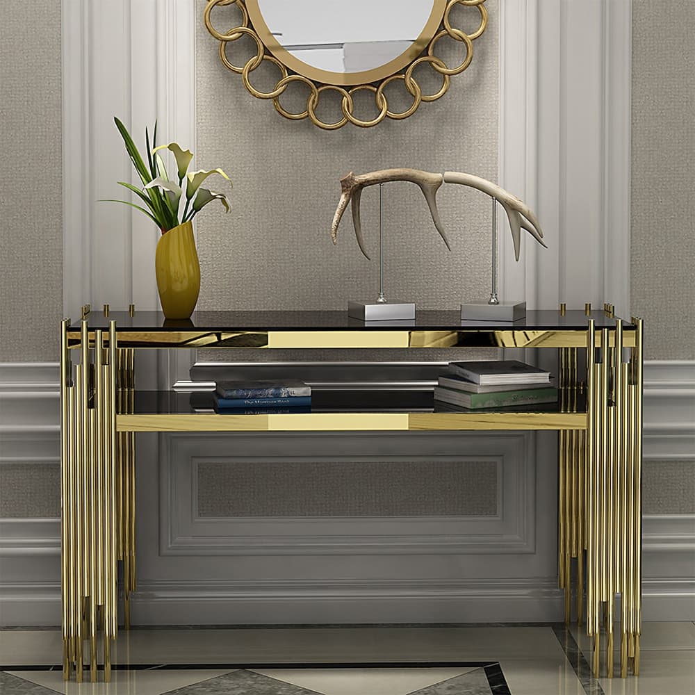 Modern 47" Sintered Stone Narrow Console Table with Storage Shelf & Golden Legs