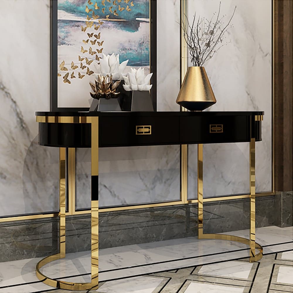 39.4" Black Modern Console Table with Drawers and Double Stainless Steel Sled