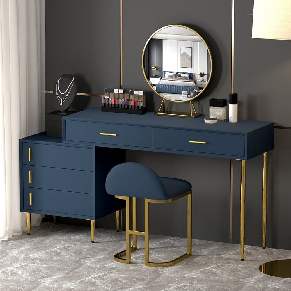 Modern Blue Retractable Makeup Vanity Set with Mirror and Stool
