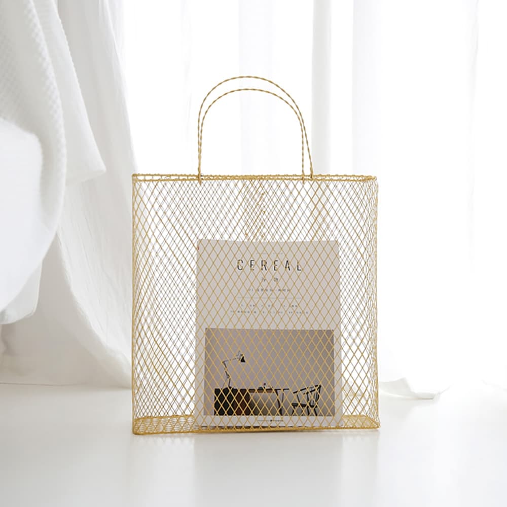 18.9" Gold Modern Metal Magazine Rack with Handle for Bedroom in Metal