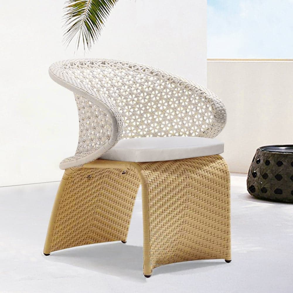Hofer Outdoor Plastic Rattan Patio Armchair with White Cushion Arched Bottom Low-Back