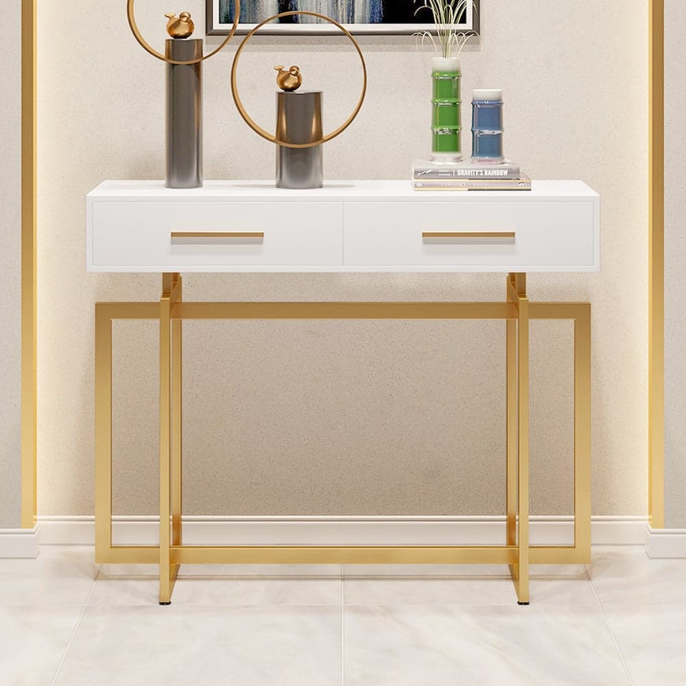 40" Narrow Console Table with Storage Drawers White Entryway Table with Metal Legs