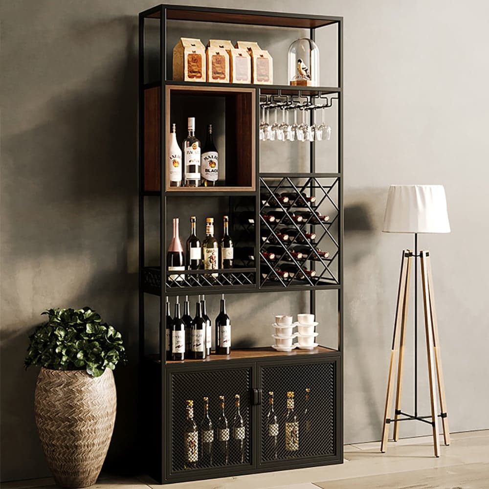 Industrial Tall Black Bar Wine Rack Cabinet with Glass Holder Wood Home Bar Cabinet