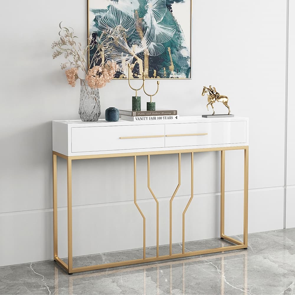 32" Modern Narrow White Console Table with Storage Wood Entryway Table with Drawers