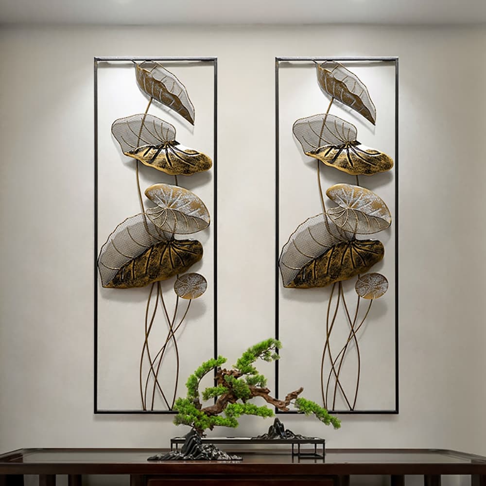 35.8" 2 Pieces Metal Lotus Leaves Wall Decor Set for Living Room with Black Frame