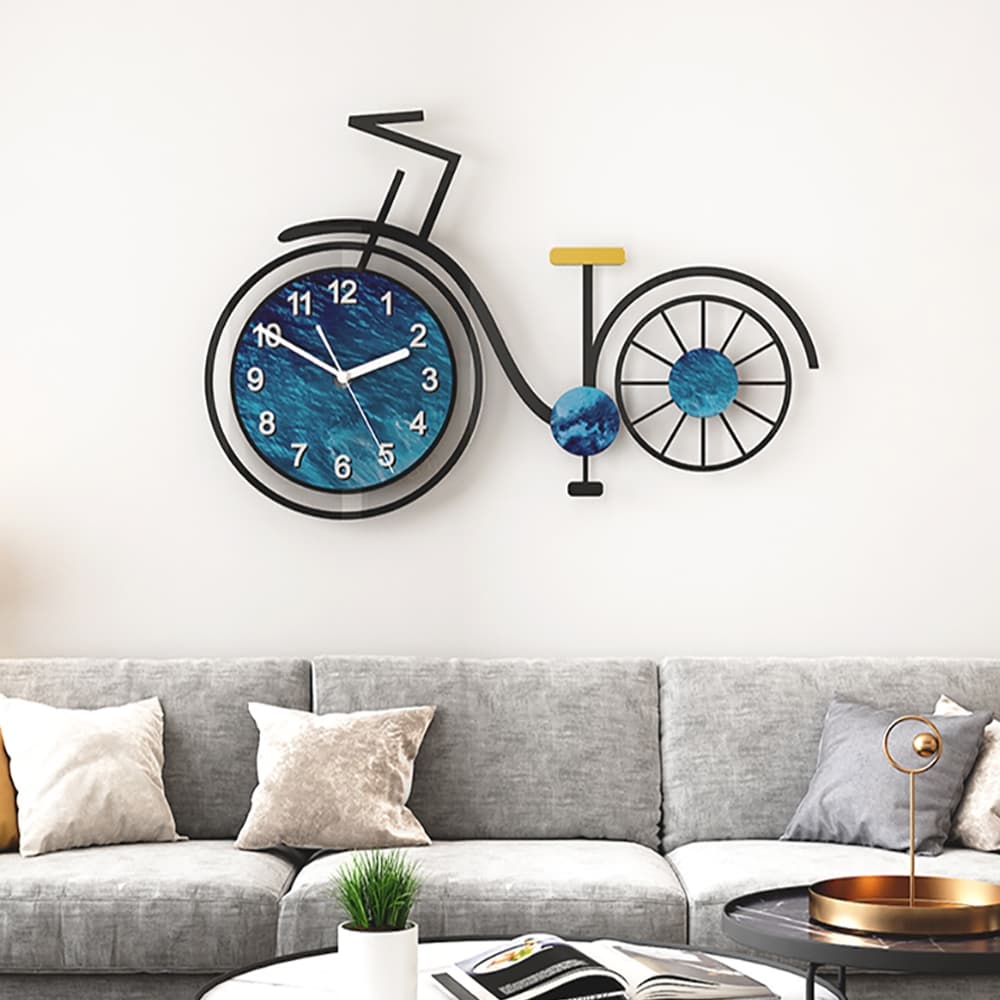 24.6" Modern 3D Acrylic Silent Large Bicycle Wall Clock Home Decor Art in Black & Blue