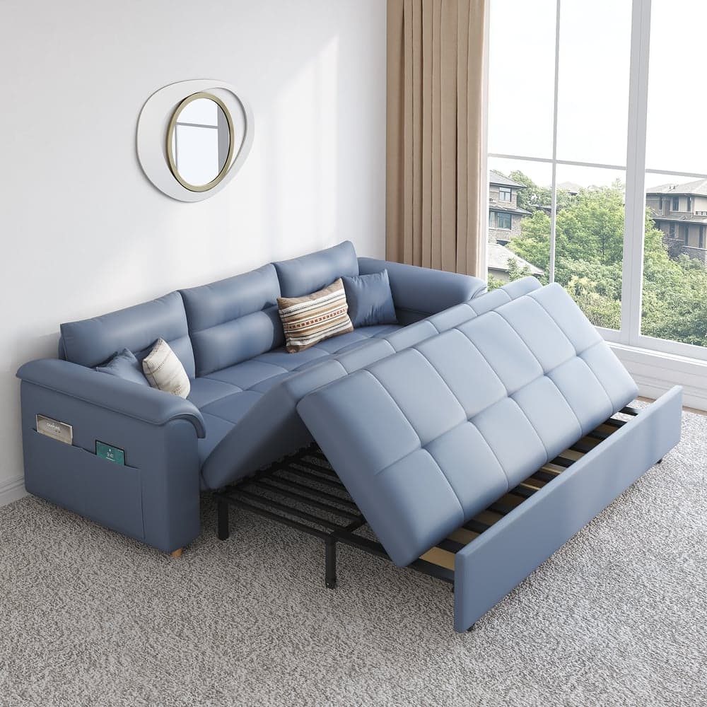 74" Full 2-Seater Faux Leather Sleeper Sofa with Storage and Side Pockets