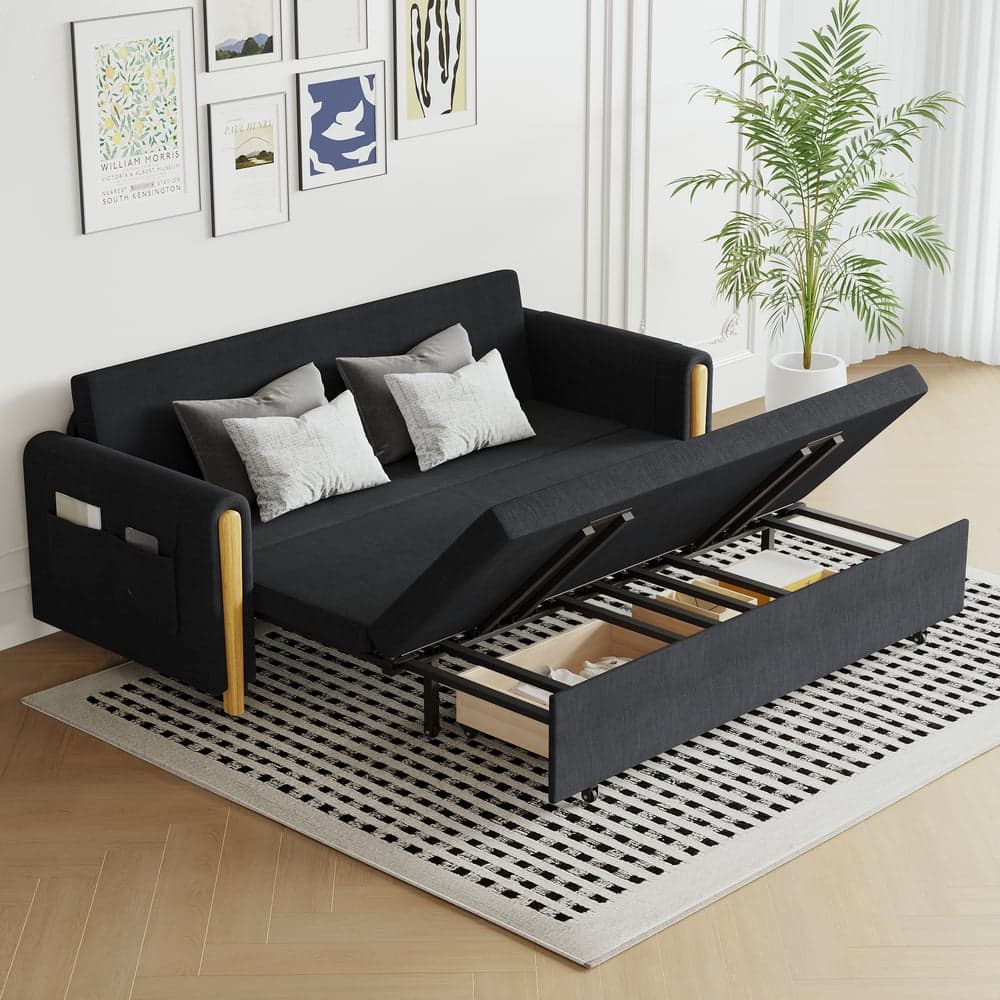 Modern 82" Queen 3-Seater Linen Convertible Sleeper Sofa with Storage