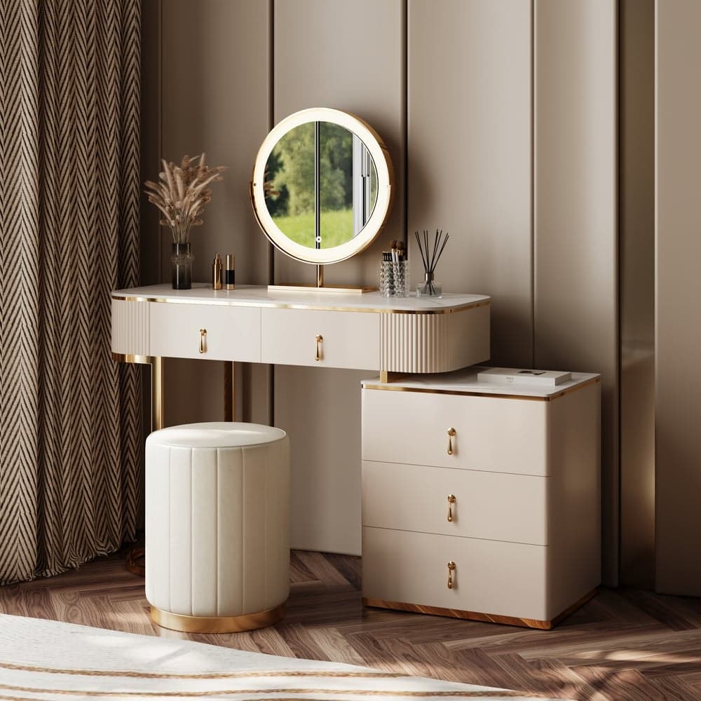 Pewter Extendable Sintered Stone Top Makeup Vanity with 5 Drawers