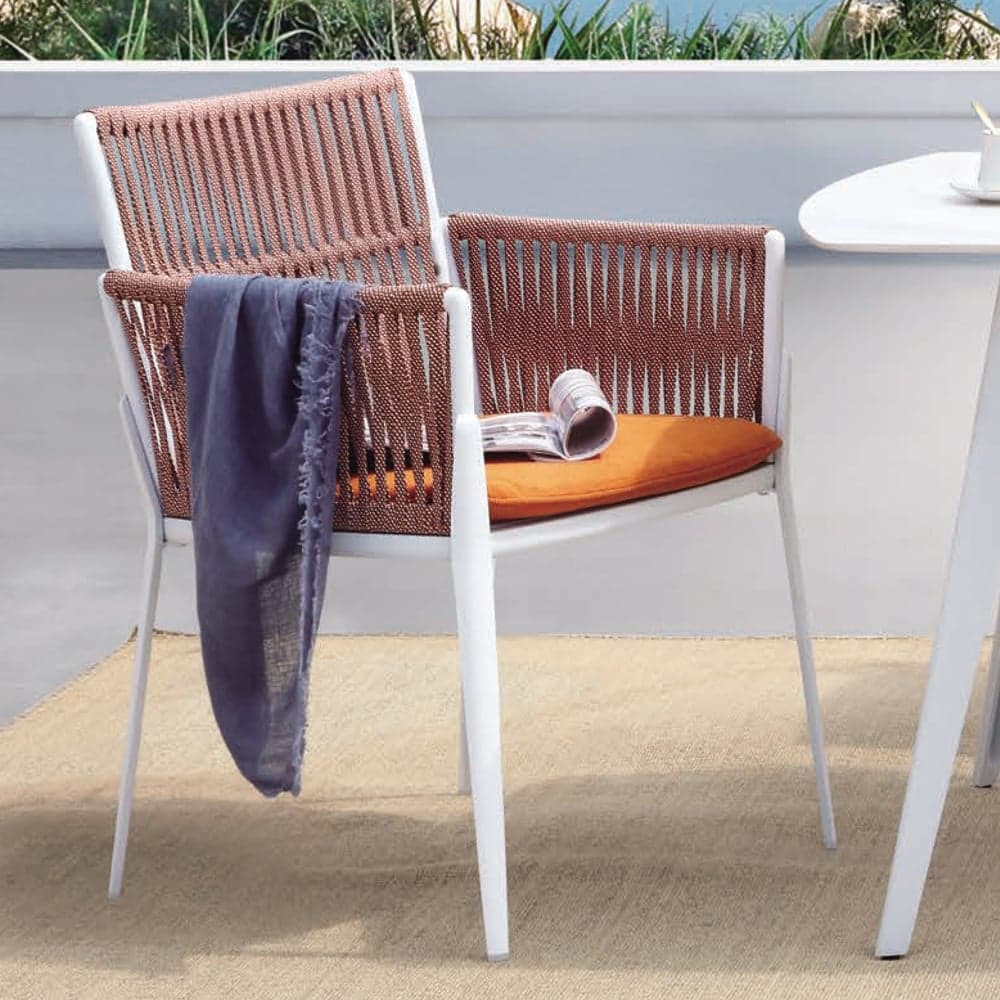 Orange Rope Woven Outdoor Armchair with White Aluminum Frame