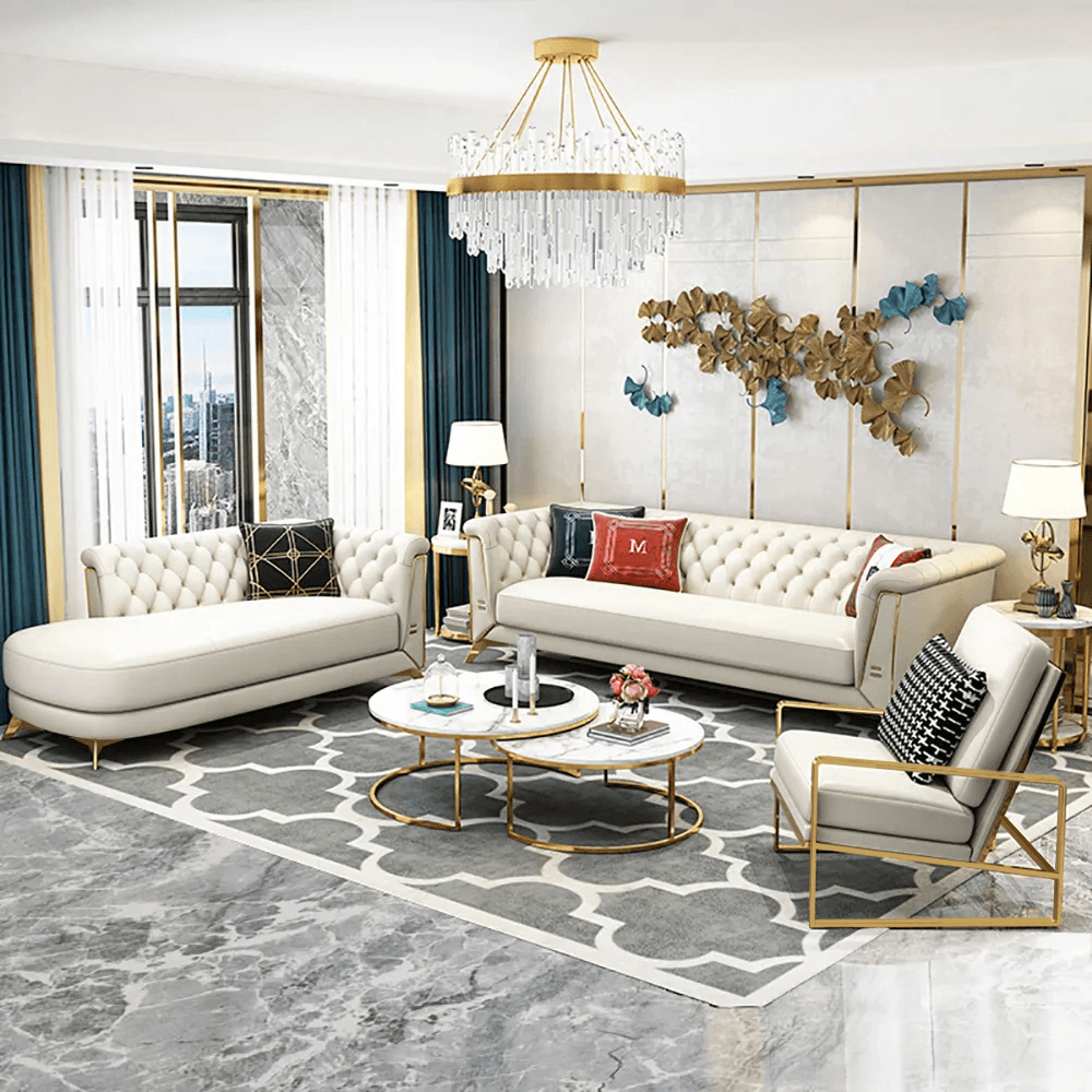 3 Piece Modern Living Room Set Chesterfield Sofa with Chaise and Chair in Off-White