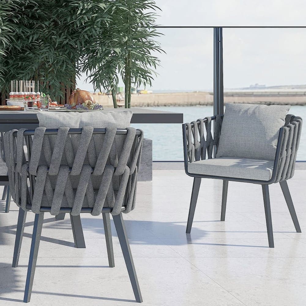 Outdoor Rope Weave & Aluminum Dining Chairs in Gray, Set of 2