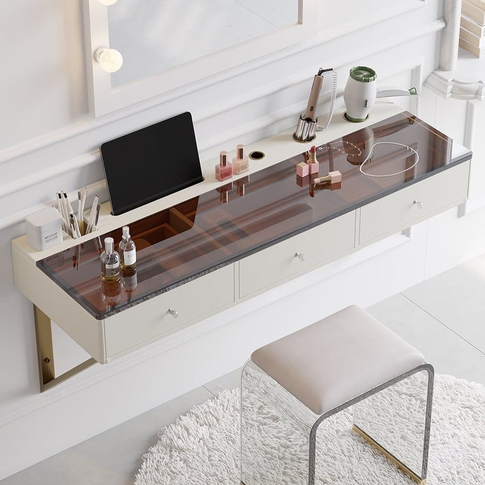 63" Modern White Floating Makeup Vanity with Tempered Glass Top