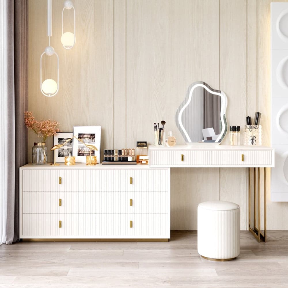 Modern Ivory Extendable Makeup Vanity Set with 8 Drawers and Stool