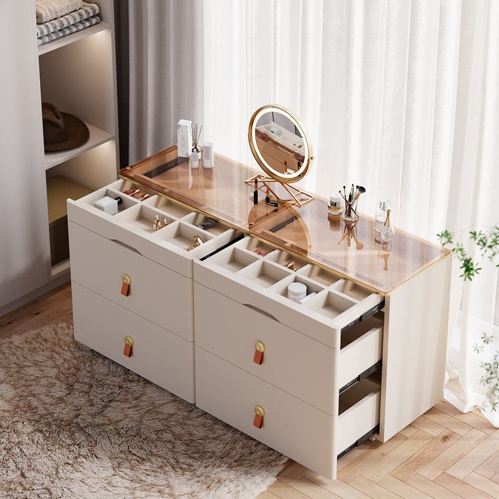Chanor 47" Glass Top Champagne 6-Drawer Dresser with Jewelry Display