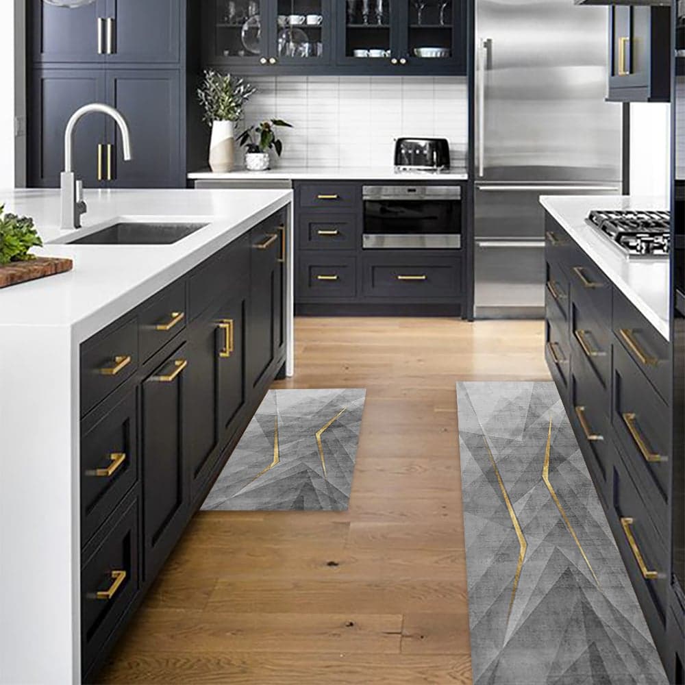 2 Pieces Modern Gold Washable Kitchen Runner Mats Non-slip Anti Fatigue Kitchen Rug Set