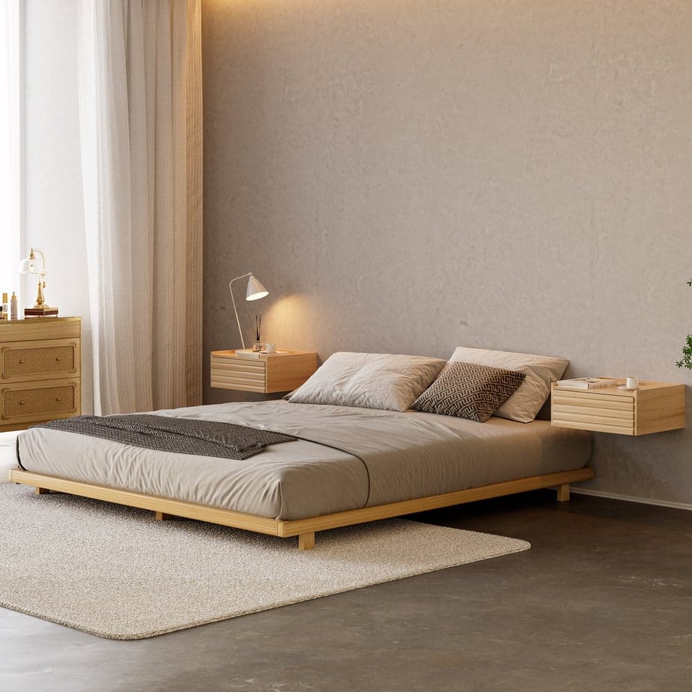 Japanese Style King Floor Wood Bed in Natural