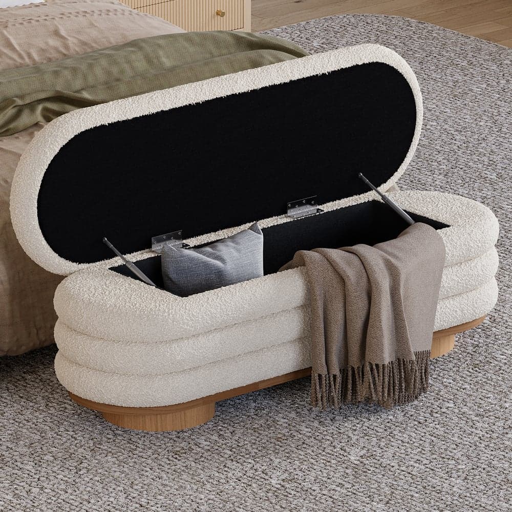 53"W Modern White Bedroom Storage Bench Boucle Upholstery with Wood Legs