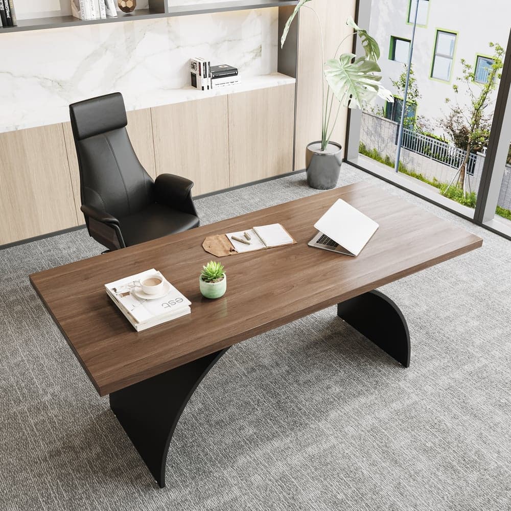 70.9" Set Industrial Rectangular Writing Desk & Reclining Leather Office Desk Chair