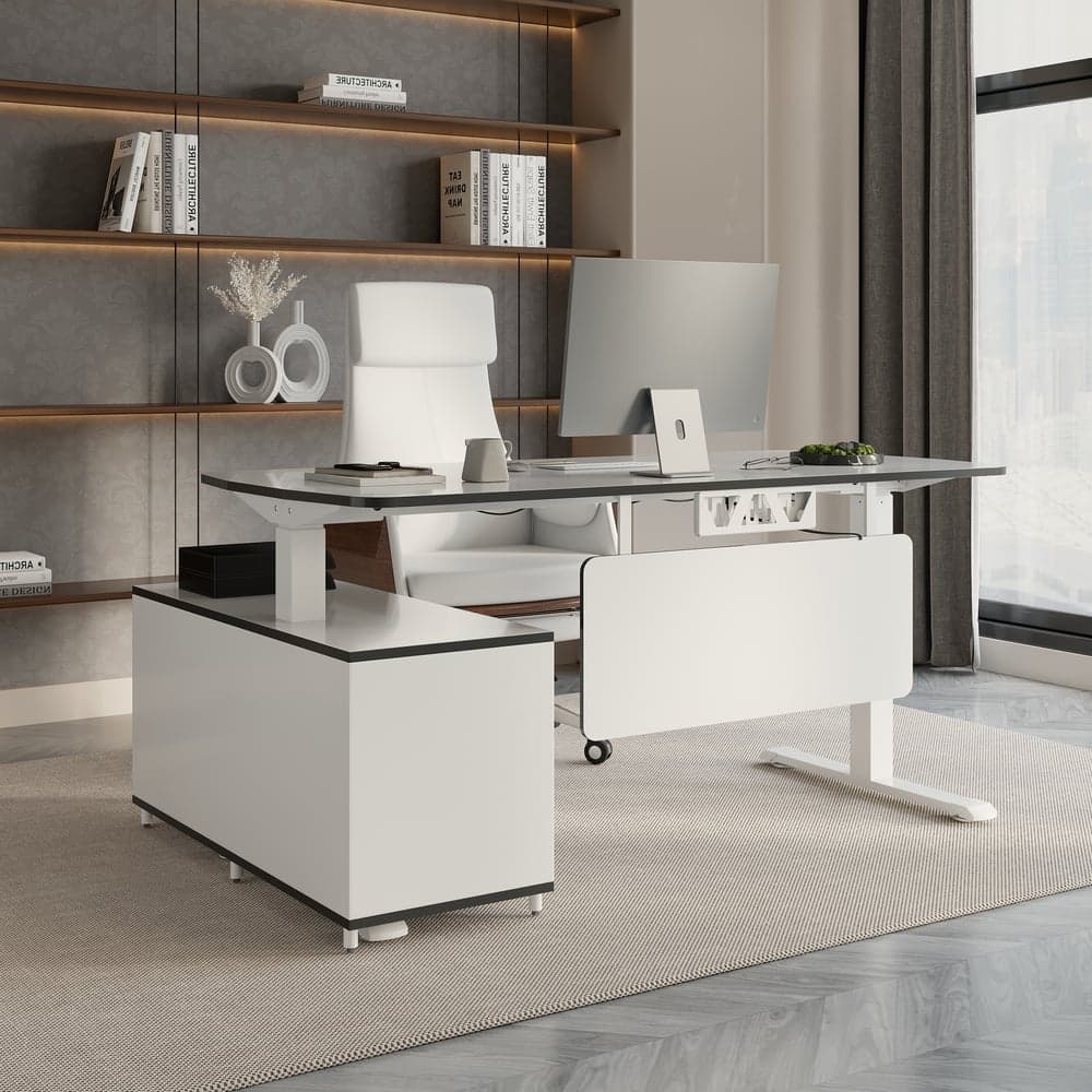 Modern White L-Desk Adjustable Electric Standing Desk Right Hand & Office Chair Set