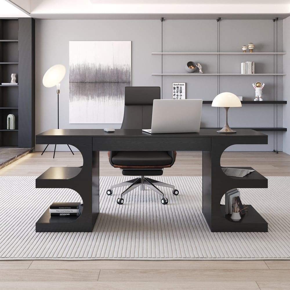 64.2" Black Wooden Writing Desk & Reclining Leather Office Desk Chair Set