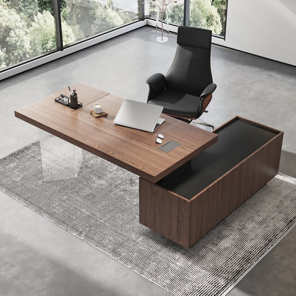 Set Modern Walnut Standing L-Shape Desk & Reclining Leather Office Desk Chair (71.5")