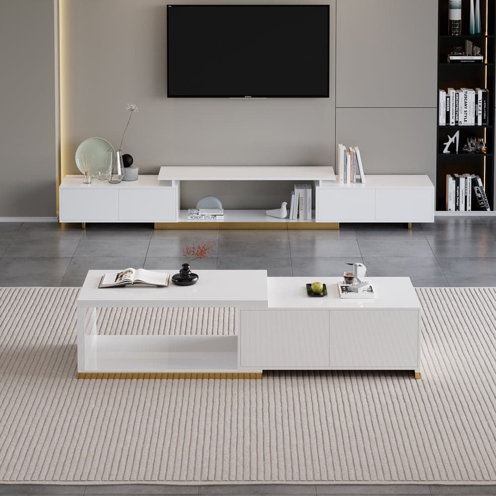 Mordel Glossy White Extendable TV Stand & Coffee Table Set