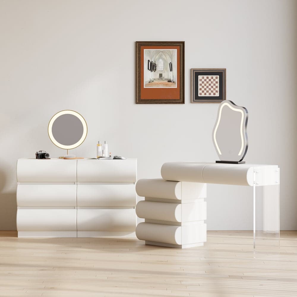 Humply White Leather 6-Drawer Dresser Chest & Makeup Vanity Set