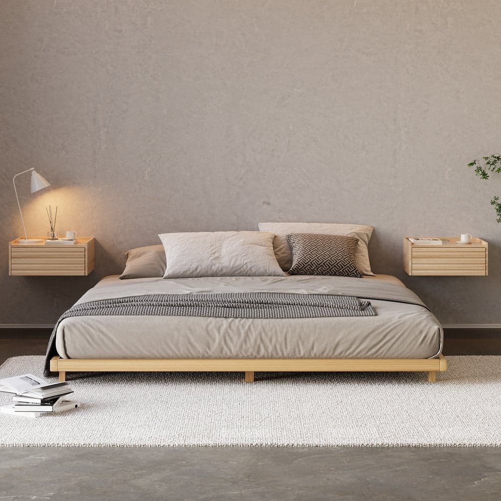 Japanese Style King Low Bed Frame Natural Floor Bed & Floating Wooden Nightstands Set