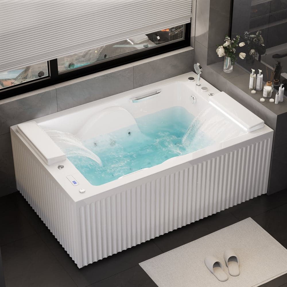 67" 2-Person Whirlpool Bathtub with 33 Massage Jets & 2 LED Waterfall Pillow & Thermostatic Control