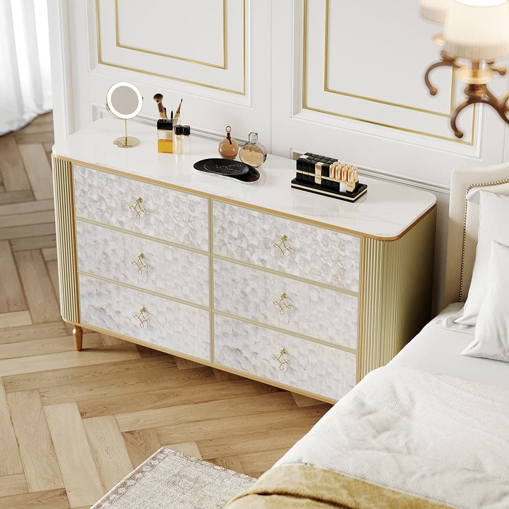 Art Deco 6 Drawer Dresser Capiz Shell Beige Chest Storag Cabinet with Sintered Stone Top