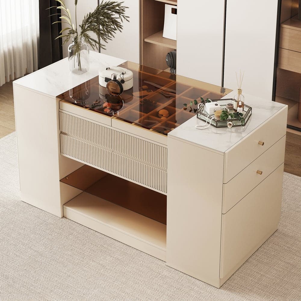 60" Glass Top Ivory Dresser Walk-in Closet Island with Jewelry Storage