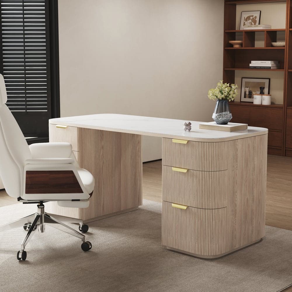 Modern Wash White Rectangle Desk & Reclining Leather Office Desk Chair (63.8")
