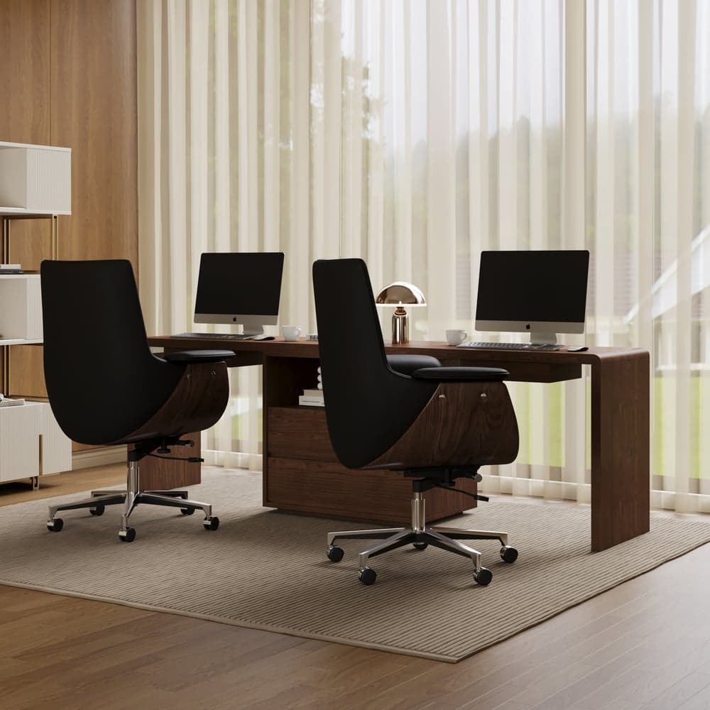 Walnut Double Desk with Drawers & 2 Black PU Leather Modern Home Office Chairs
